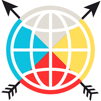 globe divided into four colors (gray, aqua, yellow, red) with indigenous arrows going across the back