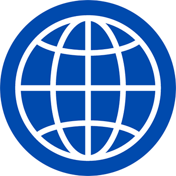 white globe against blue circle