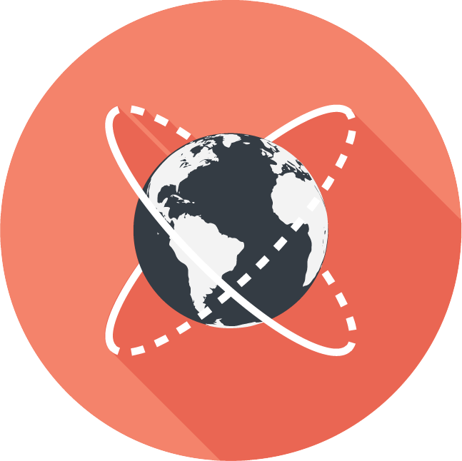 Icon of a globe with two rings going around in an 'X' shape signifying travel