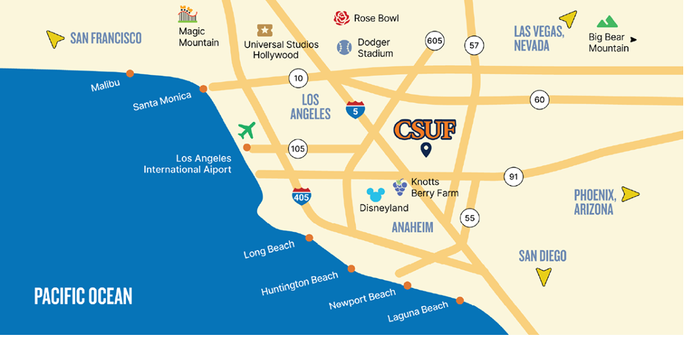 simple map of southern california showcasing CSUF's location along with local attractions such as Disneyland, Knott's Berry Farm, Magic Mountain, Dodger Stadium Big Bear Mountain, and many more