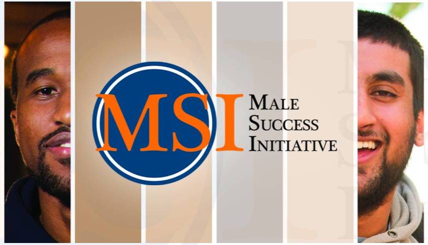 CSUF MSI's logo nestled in the middle of 2 portrait slivers of individual males