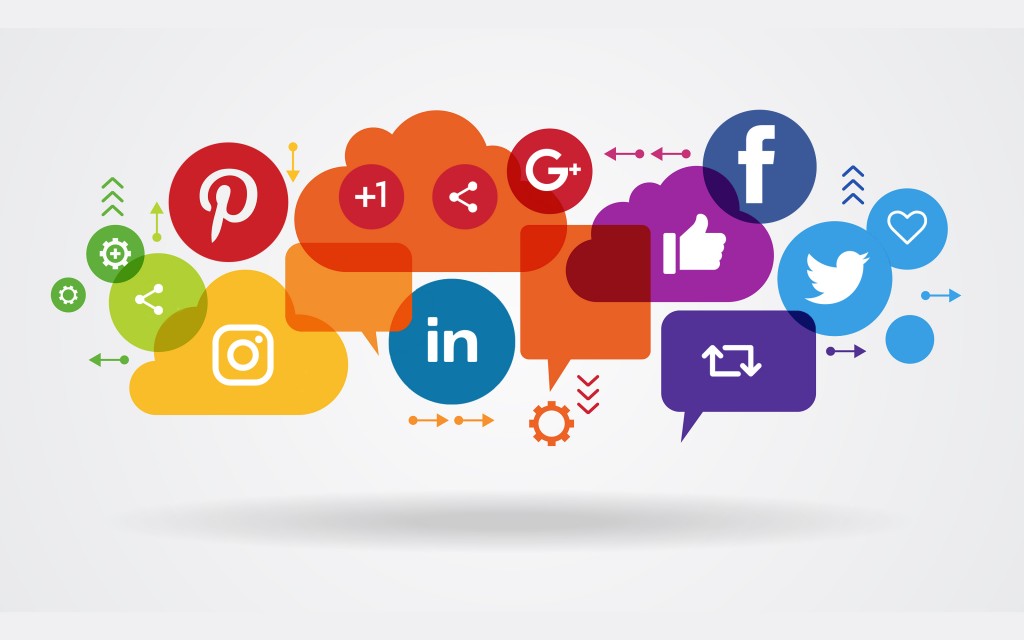 Social Media Platforms social media platform logos draped across elements of clouds, circles, and message blurbs